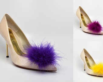 Feather Puff Pom Pom Shoe Clips  Set of Two Purple, Magenta and Yellow