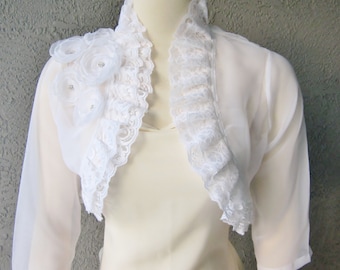 Wedding Bolero Shrug White Chiffon With Flowers and Rhinestones 3/4 Sleeves