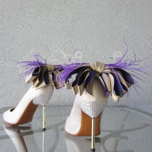 Nude And Purple Satin Ribbon Bow And Feather Shoe Clips image 1