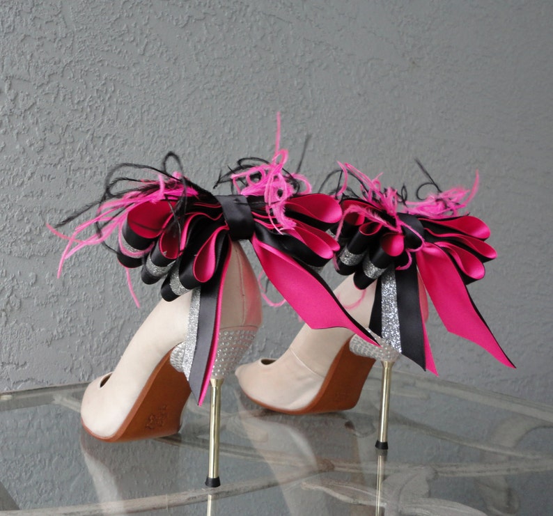 Bridal Party Wedding Black Hot Pink And Glitter Satin Ribbon Bow With Feather Shoe Clips Set Of Two image 2