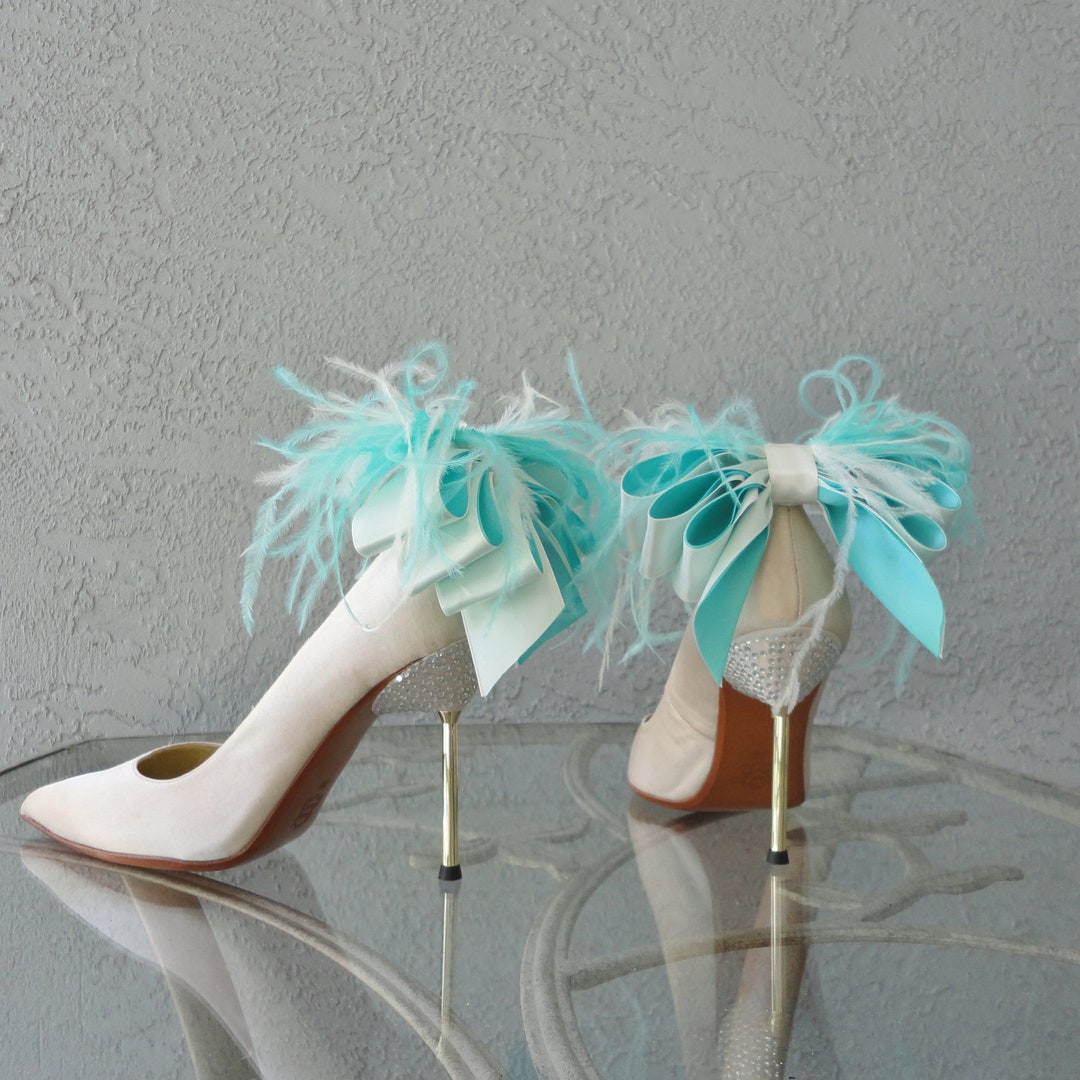 Bridal Formal Shoe Clips Aqua Blue and White/ivory Satin - Etsy