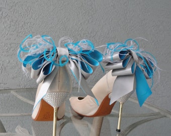 Bridal Party Wedding Gray And Turquoise Satin Ribbon Bow And Feather Shoe Clips Set Of Two