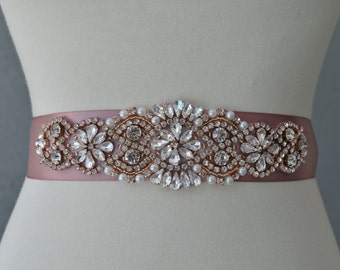 Bridal Wedding Sash Rose Gold Rhinestones Crystal Choose Color Ribbon