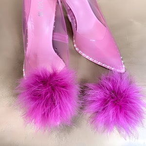 Shades of Pink Detachable Feather Puff Pom Pom Shoe Clips Set of Two Orchid Barbie Hot Flamingo and Soft Pink image 3