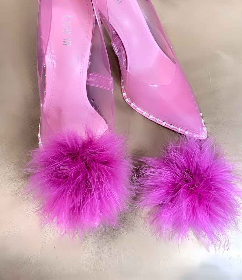 Shades of Pink Detachable Feather Puff Pom Pom Shoe Clips Set of Two Orchid Barbie Hot Flamingo and Soft Pink image 3