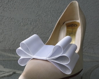 Two Tone Satin Ribbon Bow Shoe Clips White And Silver Set Of Two, More Colors Available