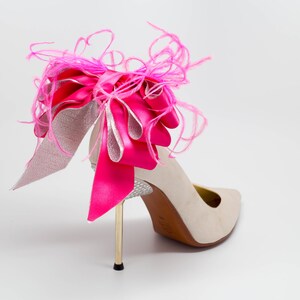 Bridal Formal Sexy Shoe Clips Hot Pink And Silver Satin Ribbon Bow And Feather More Colors Available image 2