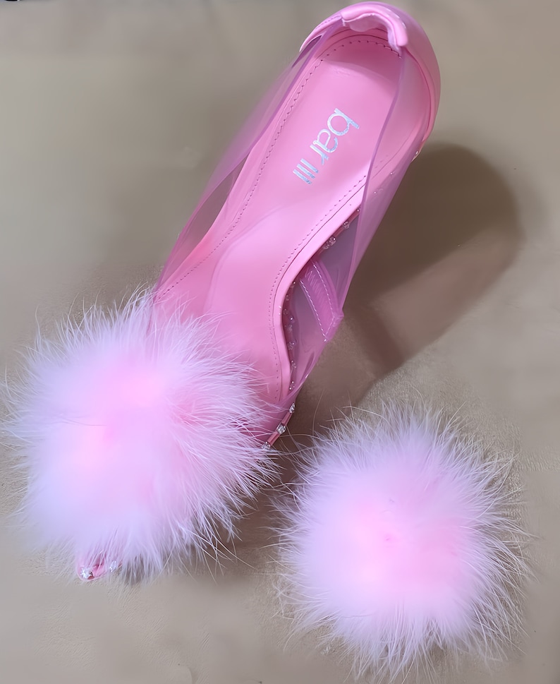 Shades of Pink Detachable Feather Puff Pom Pom Shoe Clips Set of Two Orchid Barbie Hot Flamingo and Soft Pink image 6