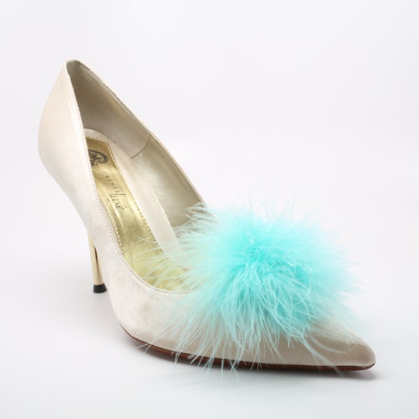 Detachable Feather Puff Pom Pom Shoe Clips  Set of Two Aqua Blue