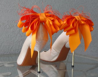 Bridal Party Wedding Tangerine  Satin Ribbon Bow And Feather Shoe Clips Set Of Two More Colors Available