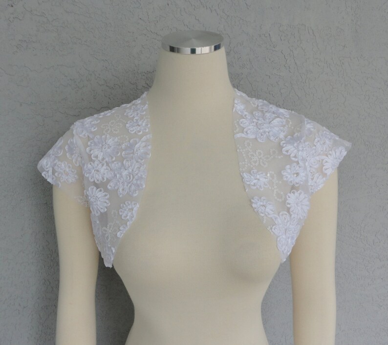 Bridal Wedding Bolero Shrug David Tutera White Mesh Fabric Ribbon Rose And Sequins image 2