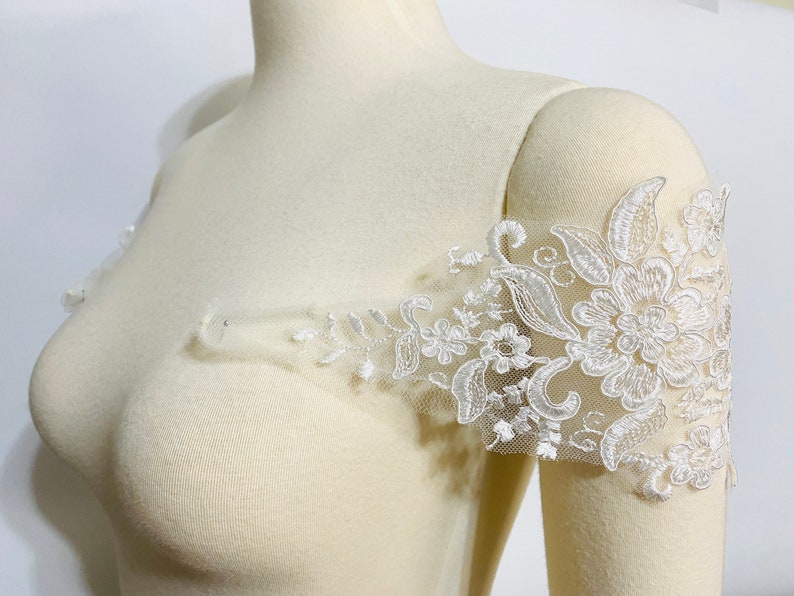 Ivory Set of Two Detachable Corded Lace Straps or Off the Shoulder Rhinestones to Add to your Wedding dress Add-on Removable image 2
