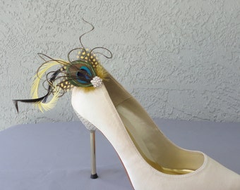 Wedding Bridal Party Peacock  And Yellow Dyed Guinea Feather Shoe Clips Set Of Two 8 Rhinestones Center To Choose From