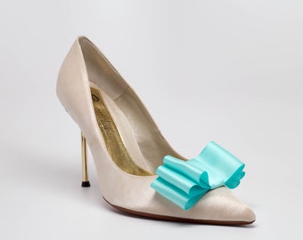 Aqua  Blue Satin Ribbon Bow Shoe Clips Set Of Two, More Colors Available