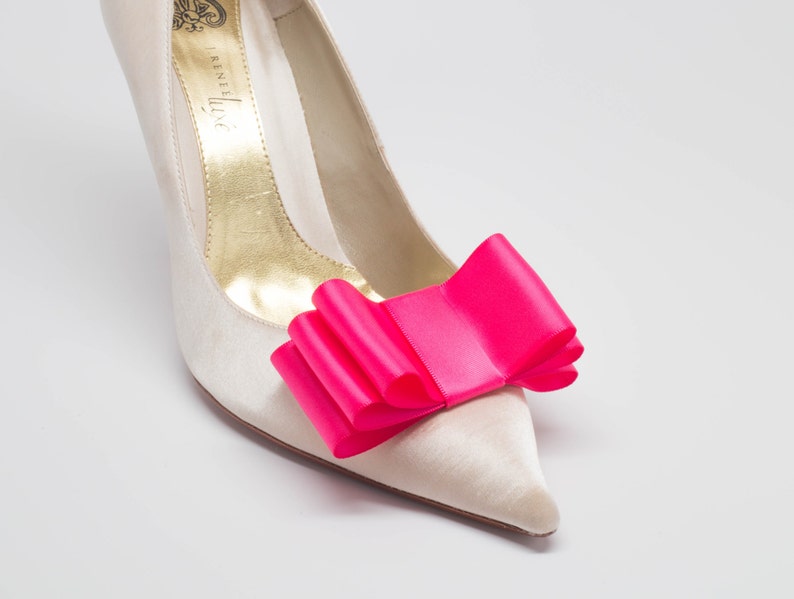 Hot Pink Satin Ribbon Bow Shoe Clips Set Of Two, More Colors Available image 3