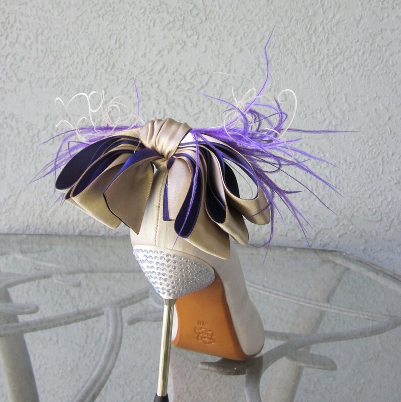 Nude And Purple Satin Ribbon Bow And Feather Shoe Clips image 4