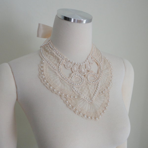 Bridal One Of A Kind Vintage Lace Champagne Color Bib Necklace And Faux Pearl
