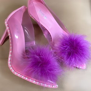 Shades of Pink Detachable Feather Puff Pom Pom Shoe Clips Set of Two Orchid Barbie Hot Flamingo and Soft Pink image 2