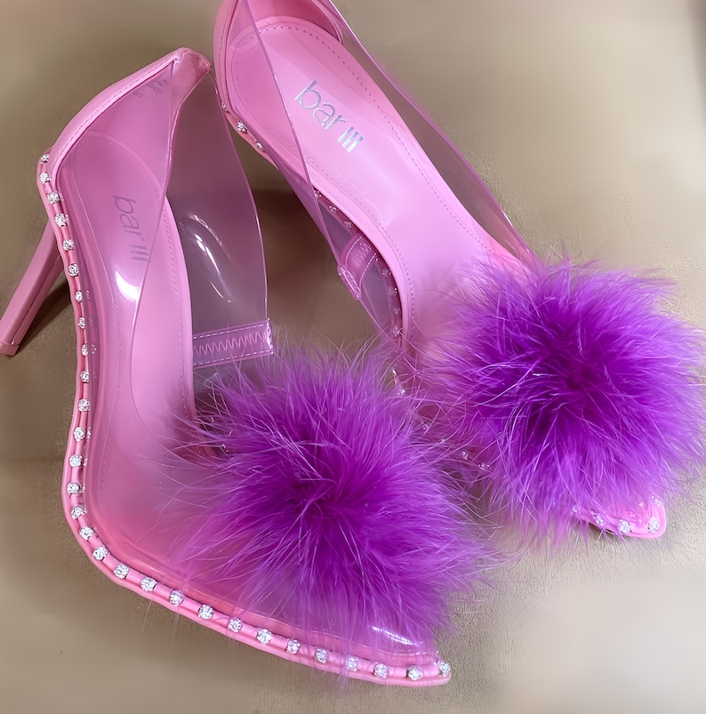 Shades of Pink Detachable Feather Puff Pom Pom Shoe Clips Set of Two Orchid Barbie Hot Flamingo and Soft Pink image 2