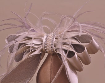 Bridal Party Wedding Sparkly Silver And Ivory Satin And Feather With Beads And Rhinestone Shoe Clips Set Of Two