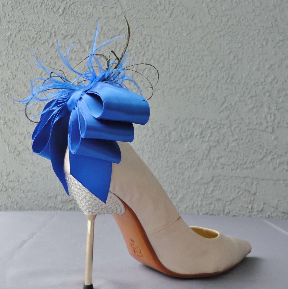 Royal Blue Bridal Shoe Clips Satin Ribbon Bow and Feather Etsy