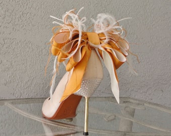 Bridal Party Wedding Burnt Orange And Ivory Satin Ribbon Bow And Feather Shoe Clips Set Of Two More Colors Available