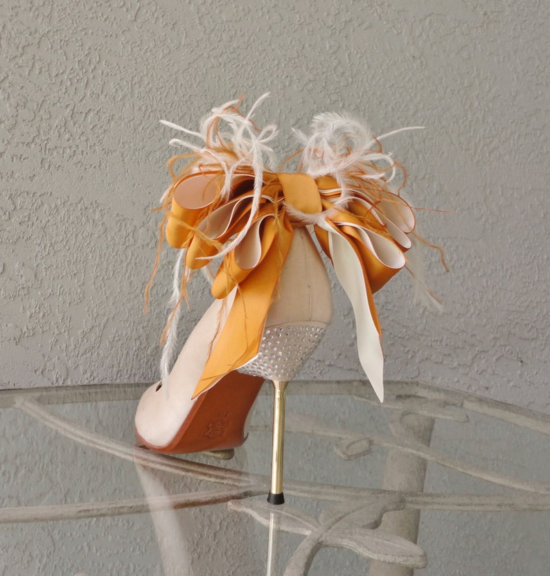 Bridal Party Wedding Burnt Orange And Ivory Satin Ribbon Bow And Feather Shoe Clips Set Of Two More Colors Available image 1
