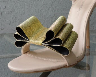 Christmas New Year Colors Two Tone Satin Ribbon Bow Shoe Clips Gold And Black Set Of Two, More Colors Available