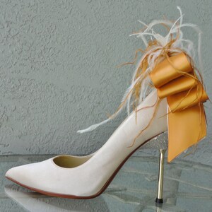 Bridal Party Wedding Burnt Orange And Ivory Satin Ribbon Bow And Feather Shoe Clips Set Of Two More Colors Available image 4