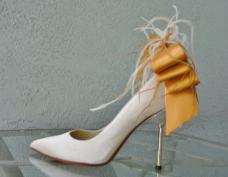 Bridal Party Wedding Burnt Orange And Ivory Satin Ribbon Bow And Feather Shoe Clips Set Of Two More Colors Available image 4