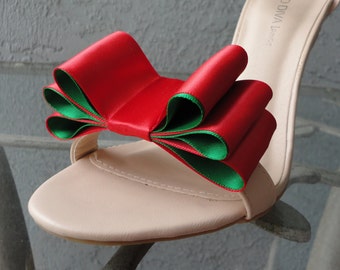 Christmas Colors Two Tone Satin Ribbon Bow Shoe Clips Red And Green Set Of Two, More Colors Available