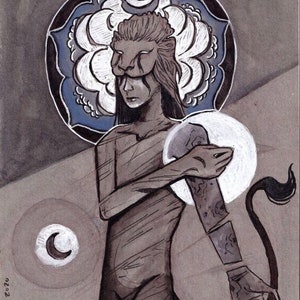 May include: A black and white ink drawing of a person with a lion mask, a tail, and a crescent moon above their head. The person is holding a glowing orb in their hand.