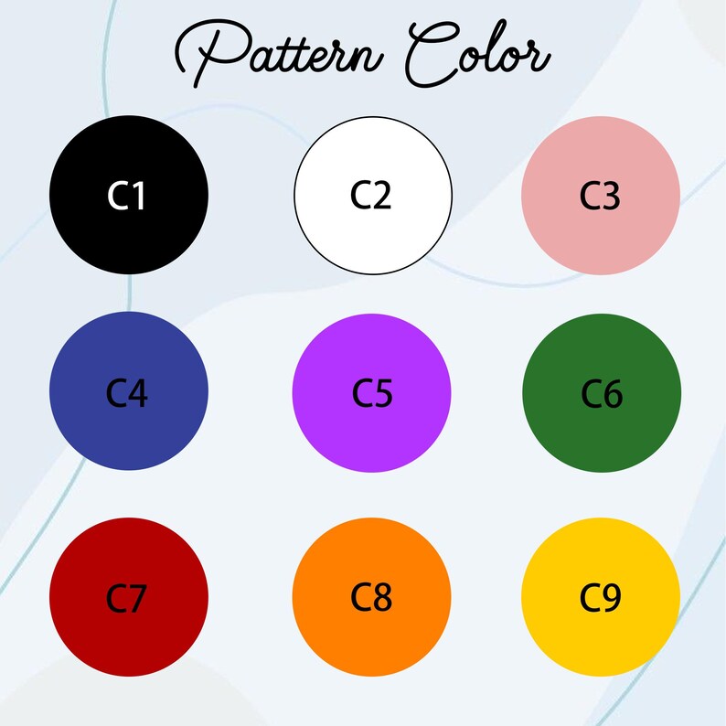 Pu&ograve; includere: Nove campioni di colore etichettati da C1 a C9. I colori sono nero, bianco, rosa chiaro, blu, viola, verde, rosso, arancione e giallo.
