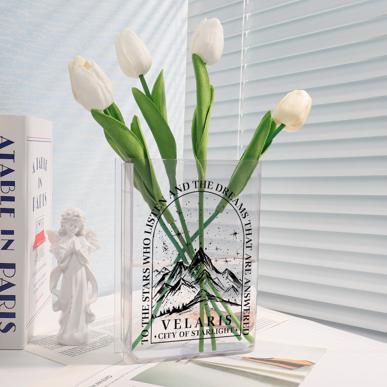 Pu&ograve; includere: Un vaso di vetro trasparente con un design grafico in bianco e nero che presenta una catena montuosa, stelle e il testo "To the stars who listen and the dreams that are answered. Velaris - City of Starlight."