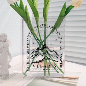Pu&ograve; includere: Un vaso di vetro trasparente con un design grafico nero che presenta una catena montuosa, stelle e il testo "To the stars who listen and the dreams that are answered. Velaris. City of Starlight."