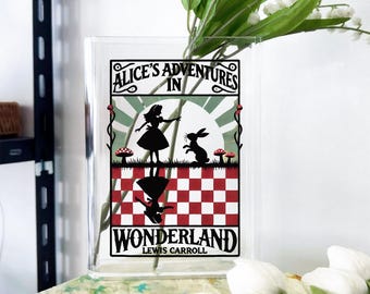 Alice in Wonderland Book Vase, Acrylic Book Vase Decor, Whimsical Vintage Floral Vase, Storybook Fantasy Room Decor, Book Lover Shelf Decor