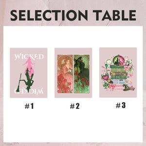 May include: Selection table with three illustrations. The first shows a pink silhouette of a witch with the word "Wicked". The second features a woman in a pink dress and a green witch. The third has a green and pink theme with the text "Defying Gravity".