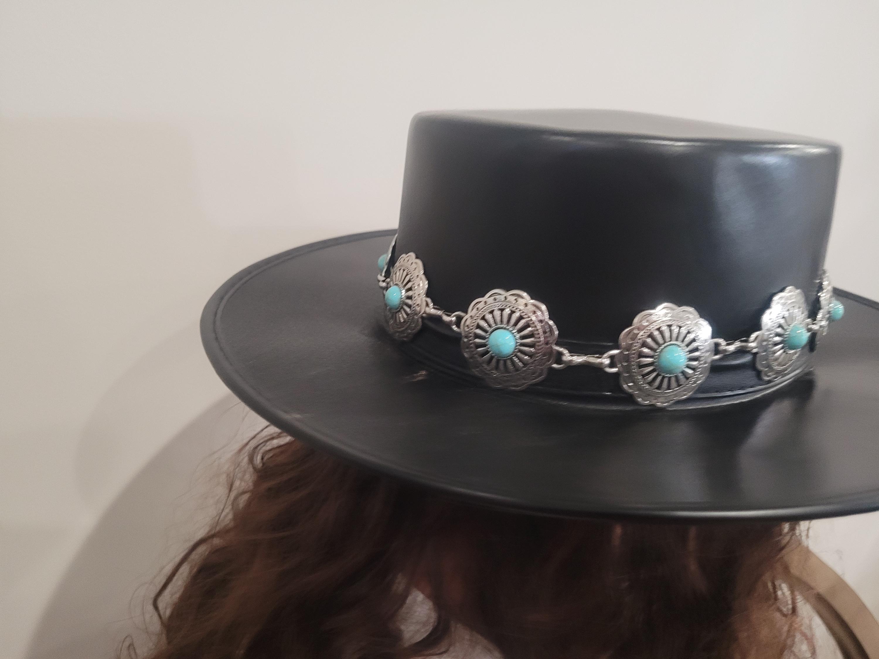 Black Leather Hat With Turquoise Band - Etsy