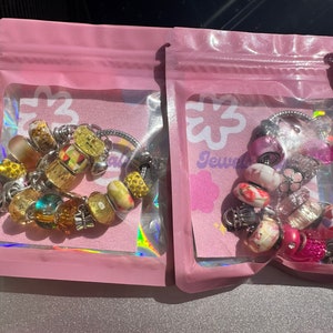 May include: Two pink zippered pouches with silver charms and beads. The pouches have a flower design and the text "Jewels" on the front.