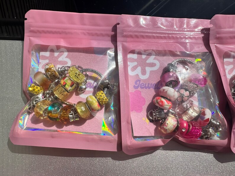 May include: Two pink zippered pouches with silver charms and beads. The pouches have a flower design and the text "Jewels" on the front.