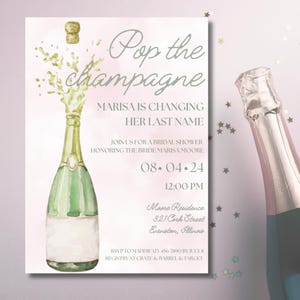Puede incluir: Una invitación de despedida de soltera rosa y blanca con una ilustración de acuarela de una botella de champán que explota. El texto dice "Pop the Champagne, Marisa está cambiando su apellido. Únase a nosotros para una despedida de soltera en honor a la novia, Marisa Moore. 08.04.24, 12:00 PM, Moore Residence, 321 Cork Street, Evanston, Illinois. RSVP a Maddie 123 456 7890 antes del 8 de julio. Registro en Crate & Barrel & Target."