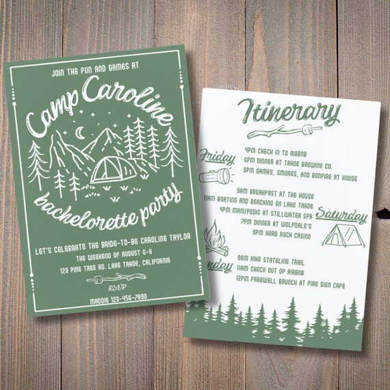 Camp Bachelorette Camp Bach Invitation and Itinerary
