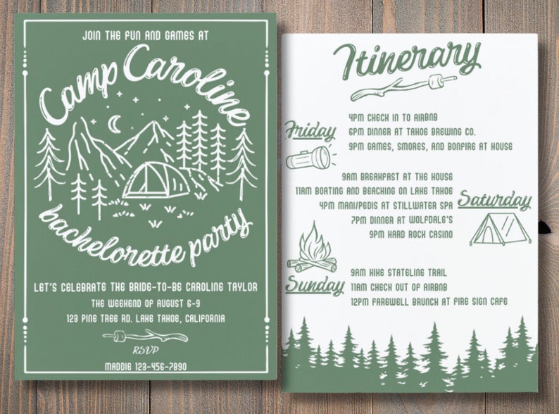 Camp bachelorette! Last trail before the veil! This is a digital download for a bachelorette itinerary and invitation. It is editable. However, if you don't want to edit it, give me the details and I will edit without additional costs!