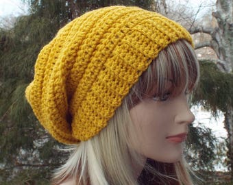 Golden Yellow Crochet Hat, Womens Slouchy Beanie, Boho Slouchy Hat, Oversized Slouch Beanie, Chunky Hat, Winter Hat, Mustard Slouch Hat