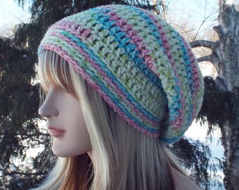 Womens Slouchy Beanie, Pink Lime and Aqua Crochet Hat, Slouchy Hat, Oversized Slouch Beanie, Chunky Hat, Baggy Beanie, Winter Hat Slouch Hat