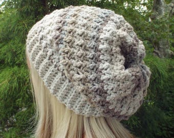 Tan and Gray Crochet Hat, Womens Slouchy Beanie, Oversized Slouch Beanie, Chunky Hat, Slouchy Hat, Winter Hat, Multicolor Slouch Hat