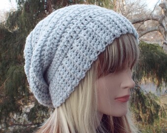 Light Gray Crochet Hat, Womens Slouchy Beanie, Boho Slouchy Hat, Oversized Slouch Beanie, Chunky Hat, Winter Hat, Slouch Hat