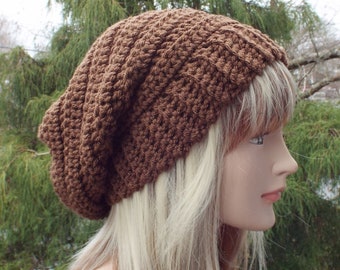 Mocha Brown Crochet Hat, Womens Slouchy Beanie, Boho Slouchy Hat, Oversized Slouch Beanie, Chunky Hat, Winter Hat, Slouch Hat