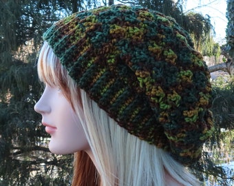 Green and Brown Crochet Hat, Womens Slouchy Beanie, Oversized Slouch Beanie, Slouchy Hat, Winter Hat, Multicolor Slouch Hat, Merino Wool Hat
