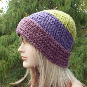 Lime Green and Purple Crochet Hat, Womens Beanie, Fitted Hat with Folded Brim, Winter Hat, Color Block Beanie, Winter Accessories image 1